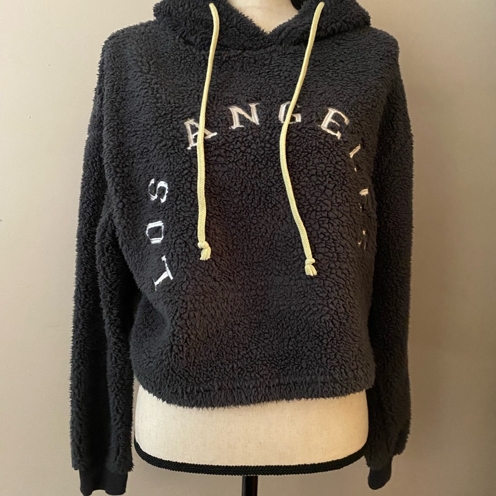 Grayson Threads Charcoal Sherpa Crop Hoodie with Cream Accents Sz Small
